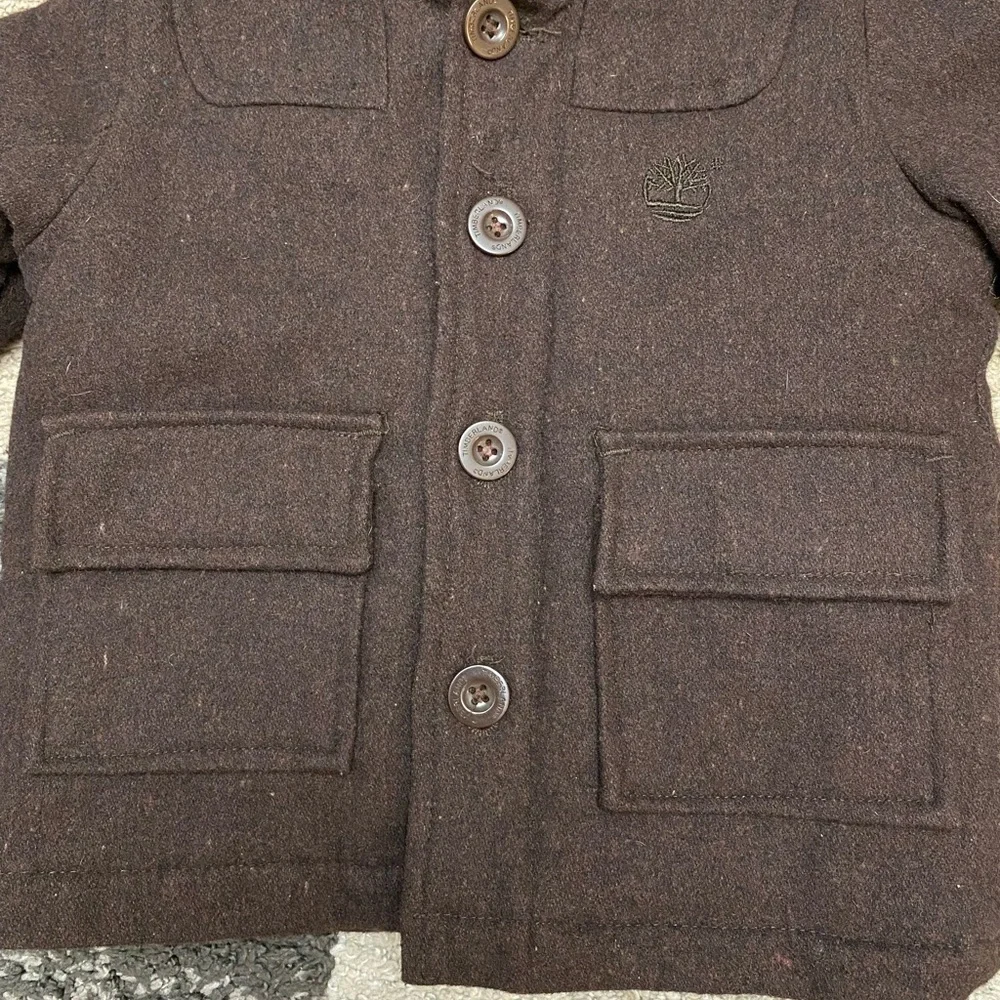 TIMBERLAND chocolate brown wool blend button down hooded coat size 12 month